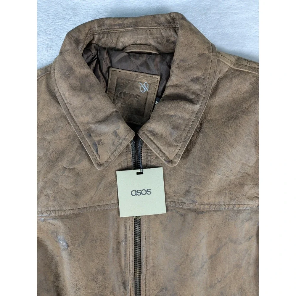NWT ASOS Faux Leather Bomber‎ Jacket Mens Sz M Brown Distressed Zip Long Sleeve